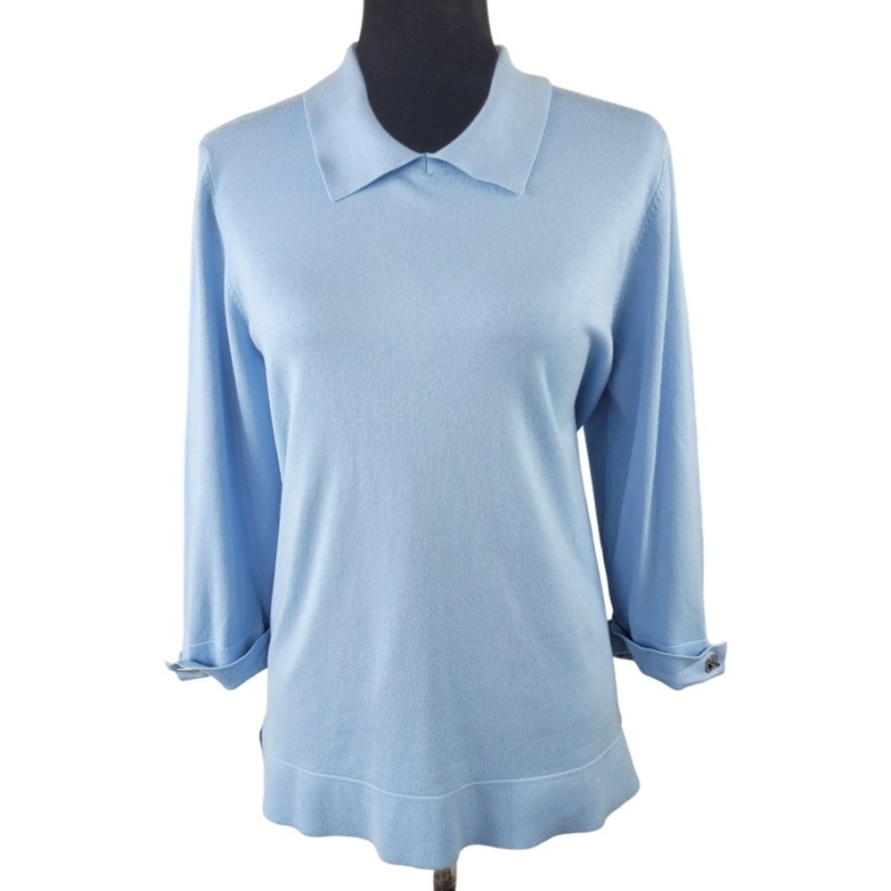 ✅ Calvin Klein Woman’s Light blue collared tight knit sweater size L